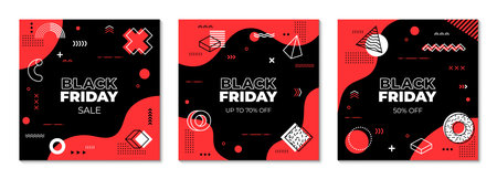 Black Friday sale banners with Memphis shapes and abstract geometric patterns. Vector promotional cards in black and red colors announcing discount and price off hot deals, store and shop retail promoのイラスト素材