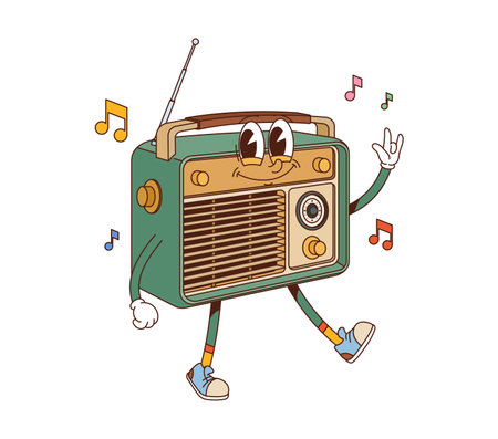 Cartoon groovy retro radio receiver character. Isolated vector vintage technology personage with nostalgic 60s vibes and music notes flying around. Funky accessory exuding upbeat old fashioned energyのイラスト素材