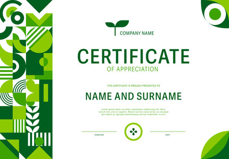 Environment ecology certificate template with green nature geometric shapes, vector diploma award. Appreciation certificate template for green technology or eco environment in modern geometric shapesのイラスト素材