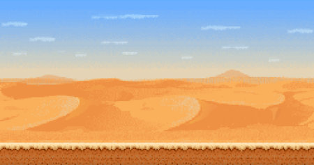 Sand dunes 8bit pixel art game desert landscape with rolling sand dunes, clear blue sky, and ground layer. Vector retro 8 bit platformer game level, side scrolling adventure or nostalgic videogameのイラスト素材