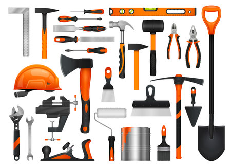 Construction diy tools set. 3d vector realistic repair instruments. Hammer, screwdriver, pliers, wrench and axe. Saw, roller, spanner and hard hat for home improvement, carpentry, and handyman worksのイラスト素材