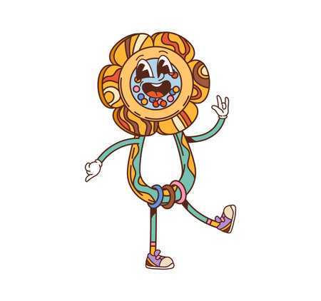 Retro cartoon groovy baby rattle kids toy character with flower head, expressive face and bright beads inside. Vector retro personage dances joyfully with bendy limbs, exuding funky vintage 70s vibesのイラスト素材