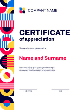 Business certificate vertical template with geometric abstract pattern border. Vector modern graphic diploma, award and appreciation certificate template with creative geometric color shapes patternのイラスト素材