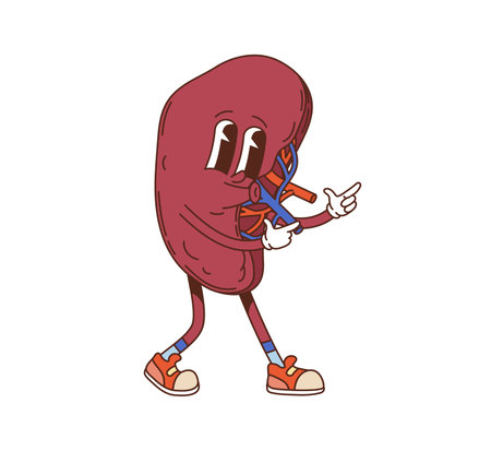 Cartoon groovy spleen human body organ and medicine character with hippie sneakers, playfully posing. Vector healthy organ retro anatomical personage promotes healthcare awareness with funky y2k vibeのイラスト素材