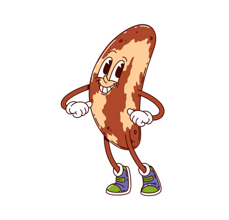 Cartoon groovy Brazilian nut character strikes a lively pose with cheerful happy smile and playful gestures. Isolated vector retro food personage exuding confidence and charm, promotes healthy eatingのイラスト素材