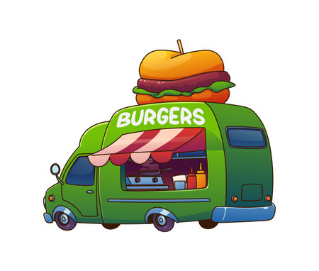 Burger food truck car, festival street foodtruck van with a giant hamburger sign on top, vintage festival street booth. Cartoon vector green retro vehicle features an open cooking area, and a awningのイラスト素材