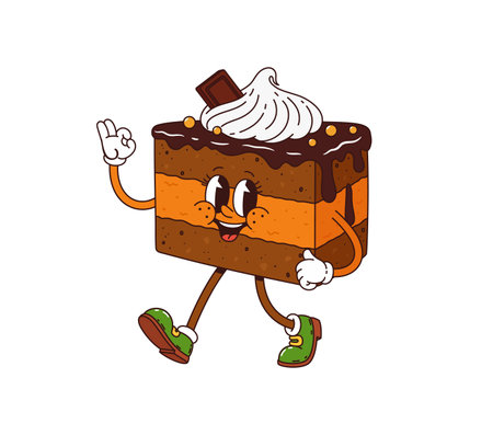 Cartoon groovy chocolate cake dessert character flashing ok sign. Isolated vector pastry personage retro with layered body, topped with whipped cream. Fun slice of cake with big smile and y2k sneakersのイラスト素材