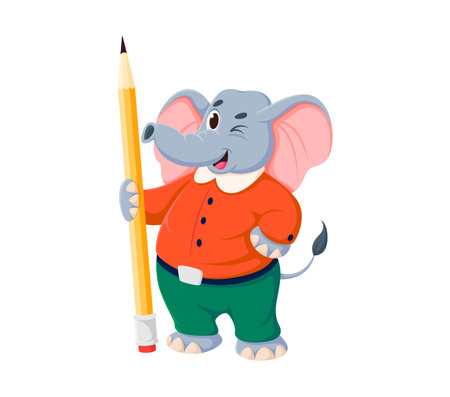 Cartoon funny elephant character with pencil, vector animal mascot for kids. Cute elephant with happy face and winking, holding a pencil for kids kindergarten or preschool education and animal mascotのイラスト素材