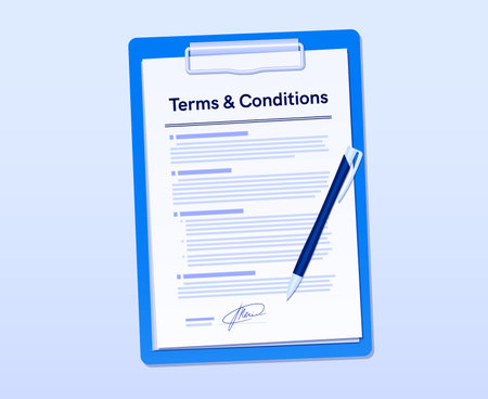 Terms and conditions agreement document. Vector signed paper on clipboard with pen. Legal contract, business deal, professional agreements or authorization, commitment and administrative processesのイラスト素材