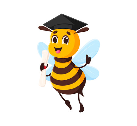 Graduated honey bee funny cartoon character. Bee bug happy vector personage, bumblebee funny animal mascot. Flying honey bee baby cute character holding education diploma and wearing graduation hatのイラスト素材
