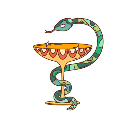 Cartoon groovy bowl of Hygeia medical symbol featuring a coiled snake reptile wrapped around a cup. Vector classic medical pharmacy emblem with funky curves and expressive y2k vibe, vintage symbolicのイラスト素材