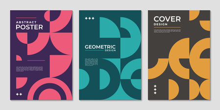 Abstract posters with geometric shapes pattern for covers layout design, vector backgrounds. Trendy posters with abstract modern mosaic figures and simple color shapes in retro pattern backgroundのイラスト素材