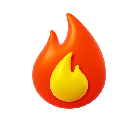 3d fire flame icon. Emoji symbol with glossy effect, red, orange and yellow flames. Cartoon Vector fire blaze with burning red hot tongues, represents heat, energy, passion and excitement emotionsのイラスト素材