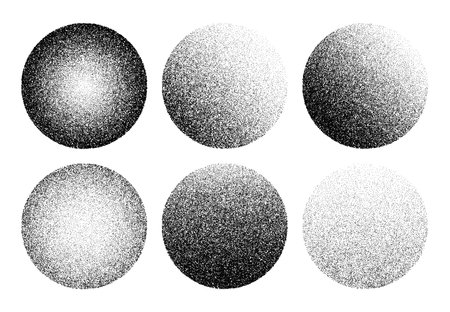Round noise grain and stipple dot sphere shapes with gradient pattern, abstract vector. Stipple noise grain spheres with sand spray effect of brush texture, round shapes with white and black halftoneのイラスト素材