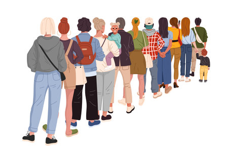 People queue, back view of diverse people standing in line. Cartoon flat vector men, women and...