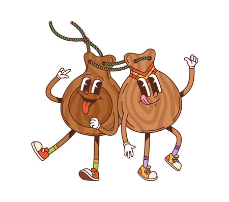 Cartoon groovy castanets musical instrument characters. Isolated vector funny percussion music tools of Latin America. Spanish culture, art and tradition friends personages flashing positive gesturesのイラスト素材