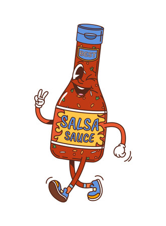 Cartoon groovy salsa sauce bottle character with smiling face, finger up gesture and confident pose. Vector retro condiment, vintage food container personage with funky and expressive y2k vibeのイラスト素材
