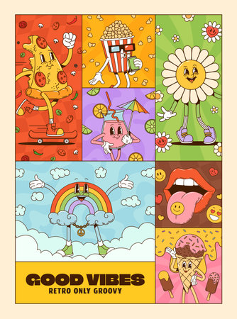 Vintage collage groovy cartoon characters poster. Vector retro joyful pizza, popcorn, flower, drink, rainbow, lips and ice cream y2k characters spreading cheerful, hippie and expressive good vibesのイラスト素材