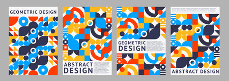 Abstract poster with geometric pattern shapes. Retro modern vector covers, vertical backgrounds with minimal figures. Trendy layout templates with circle, triangle, dot, line and square vivid elementsのイラスト素材