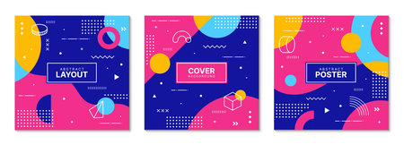 Color square covers with Memphis abstract pattern of geometric shapes, vector backgrounds. Modern or retro Y2K abstract cover layouts with Memphis pattern of minimal geometric figures and simple linesのイラスト素材
