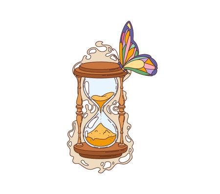 Sand clock, hourglass retro hippie groovy object. Time measuring and flow with ancient wooden sand clock and psychedelic butterfly funky vector concept or groovy retro icon. Magic fantasy hourglassのイラスト素材