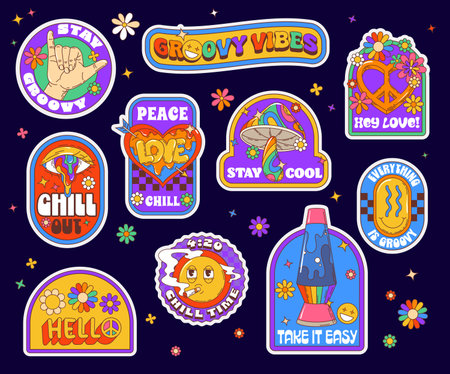 Y2k groovy label stickers. Vibrant psychedelic set of retro 70s patches including peace sign, lava lamp, mushroom, smiles and hippie slogans. Vector nostalgic and chill themed badges with funky twistのイラスト素材