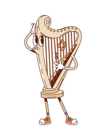 Cartoon groovy harp musical instrument character. Isolated vector plucked, stringed funny personage strumming on itself, playing music and expressing positive emotions with tune notes floating aroundのイラスト素材