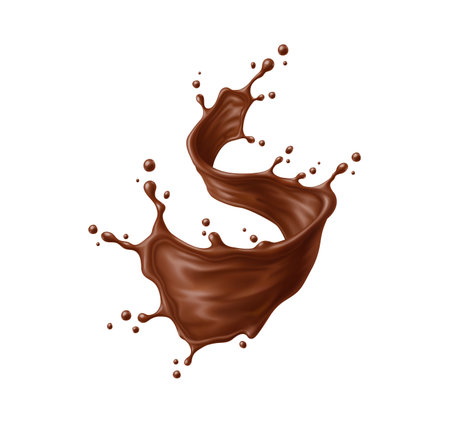 Chocolate drink flow splash wave. Realistic 3d vector twisting stream of chocolate forms an S curve mid air, surrounded by scattered droplets. Dessert food with silky, rich texture evokes indulgenceのイラスト素材