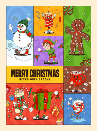 Christmas collage groovy cartoon characters poster. Festive merry Xmas greetings with retro cheerful snowman, candle, gingerbread man, elf, present, cocoa mug and skating lollipop celebrating holidaysのイラスト素材