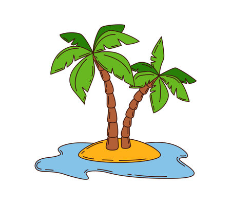 Cartoon groovy pirate island with palm trees, surrounded by sand and blue sea waves. Isolated vector paradise land with slender palm trees swaying in tropical breeze. Treasure island landscapeのイラスト素材