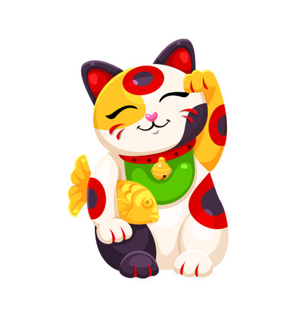 Japanese maneki neko lucky cat holds a golden fish while raising one paw in a welcoming gesture symbolizes good fortune and prosperity. Isolated cartoon vector traditional souvenir in culture of Japanのイラスト素材