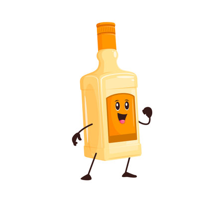 Cartoon whiskey or bourbon drink character. Rum, brandy or cognac bar beverage happy funky vector character. Whiskey alcohol cocktail drink bottle funny groovy 80s mascot or isolated cute personageのイラスト素材