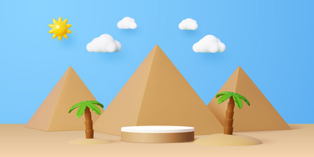 Sand podium stage in desert between the pyramids. 3d vector cartoon ancient egypt landscape with round scene, palm trees, clouds and sun against a clear blue sky. Travel or historical platform oasisのイラスト素材