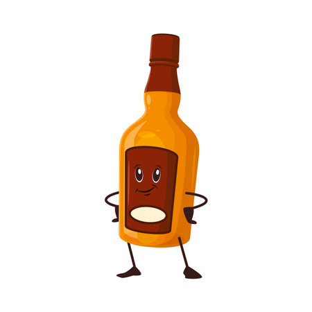 Cartoon cognac alcohol drink bottle character. Pub or bar alcohol drink isolated vector cute mascot, cocktail beverage cheerful groovy personage. Cognac, rum or scotch bottle happy smiling characterのイラスト素材