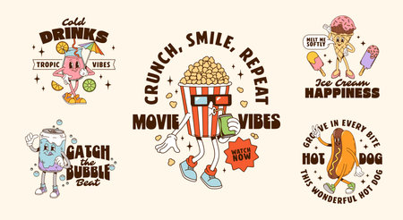 Cartoon fast food characters, groovy t shirt print and posters. Vector retro hot dog, popcorn and ice cream cone with fastfood drinks posters set. Cute groovy soda can and milk shake charactersのイラスト素材