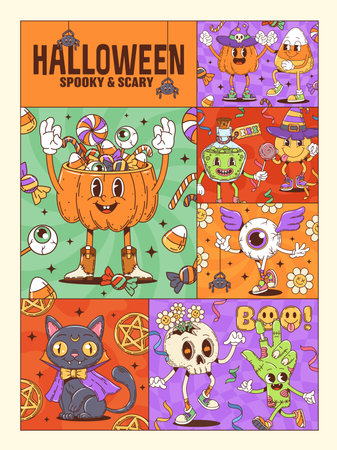 Halloween groovy characters collage poster with cute, spooky and quirky cartoon pumpkin, witch, black cat, eyeball, skeleton, and zombie hand, bursting with candy, flowers, and festive decorationsのイラスト素材
