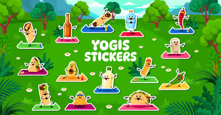 Cartoon mexican cuisine characters on yoga fitness sport, stickers pack. Mexican burrito, guindilla, churro and enchilada, nacho chip, pulque, quesadilla and tamale characters on yoga vector stickersのイラスト素材