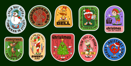 Christmas groovy label stickers with cartoon Xmas holiday characters. Vector retro Santa Claus, Christmas tree and gifts, groovy reindeer, candy, elf and heart. Hippie peace and bell patch stickersのイラスト素材