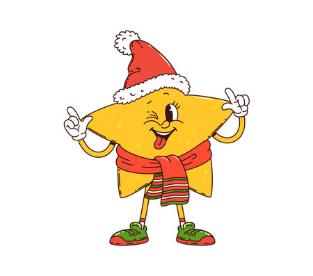 Christmas star decoration groovy cute character. Merry Xmas holiday element 60s 70s cartoon cheerful character. Happy New Year star toy decoration groovy isolated vector funny mascot wearing Santa hatのイラスト素材