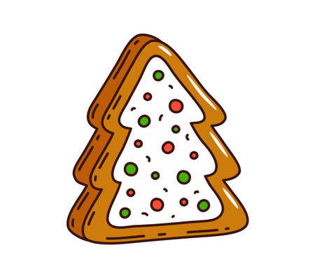 Cartoon Christmas tree cookie groovy dessert. Happy New Year pastry 60s 70s decoration decoration. Christmas tree sweet gingerbread cookie with icing, Xmas holiday groovy isolated vector dessertのイラスト素材