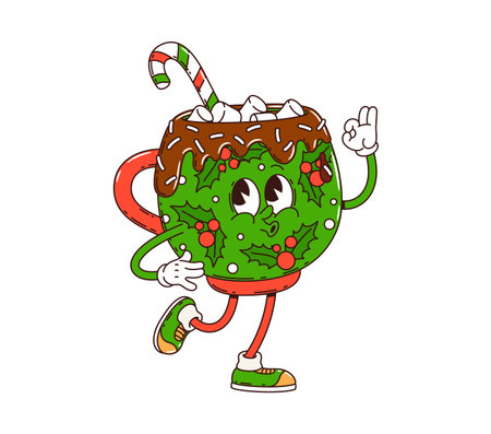 Christmas hot chocolate drink groovy character. Christmas celebration sweet beverage groovy cheerful personage. Happy New Year dessert drink mug with marshmallows and candy cane vector funny characterのイラスト素材
