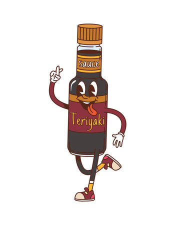 Cartoon groovy teriyaki sauce bottle character with a cheerful smile, tongue out and crossed finger gesture. Vector retro food personage with funky y2k nostalgic vibes. Vintage condiment snack packagingのイラスト素材