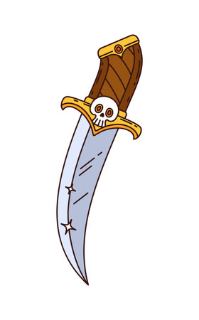 Cartoon groovy pirate and corsair dagger with curved blade and wooden handle decorated with golden...