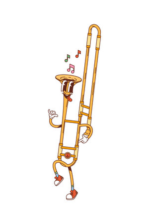 Cartoon groovy trombone sound musical instrument character playing a happy melody with carefree face and music notes around. Vector brass pipe or horn personage for music school educational classesのイラスト素材