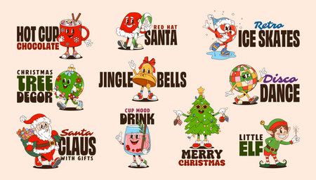 Christmas y2k groovy stickers of cartoon Santa Claus, elf and gift bag. Vector Christmas tree, red hat, Xmas bell and ornament ball characters. Retro y2k groovy disco ball, hot drink cups stickers setのイラスト素材
