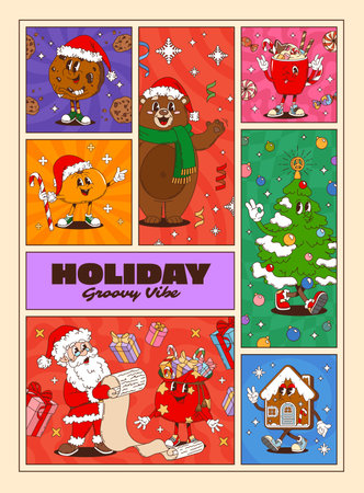 Christmas characters on groovy holiday posters. Festive cartoon vector collage featuring cheerful Santa, cookies, ornaments, Xmas tree and cocoa mug all wearing Santa Claus hats and dancing joyfullyのイラスト素材