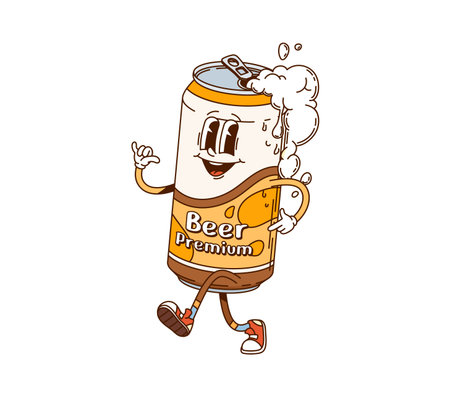 Hippie groovy beer drink can retro character. Pub party booze cute groovy retro vector mascot, alcohol beverage hippie vintage happy personage. Craft beer or ale drink opened can cheerful characterのイラスト素材