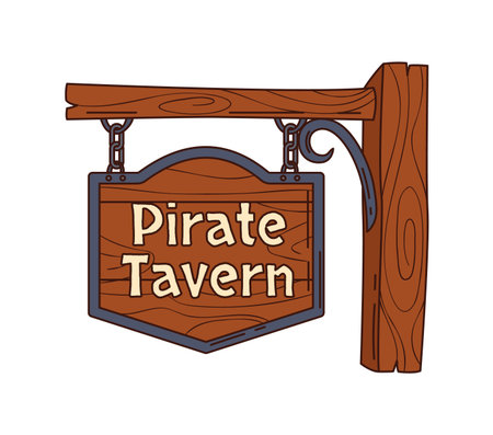 Cartoon groovy pirate tavern signboard, rustic wooden sign board with iron brackets, evoking corsair and seafaring adventurous y2k vibe. Vector hanging signage with aged wood and vintage letteringのイラスト素材