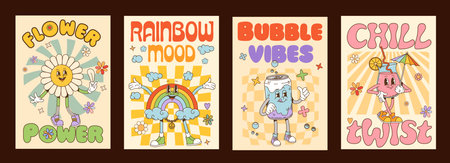 Groovy characters posters. Cartoon playful and cheerful retro flower, rainbow, soda can, and tropical drink y2k hippie personages expressing vibrant relaxed and positive summer vibes with text slogansのイラスト素材