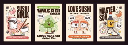 Cartoon groovy sushi and roll characters on posters for Japanese cuisine, vector set. Groovy retro posters with funny sushi characters, rice ninja with chopsticks and happy wasabi with soy sauceのイラスト素材